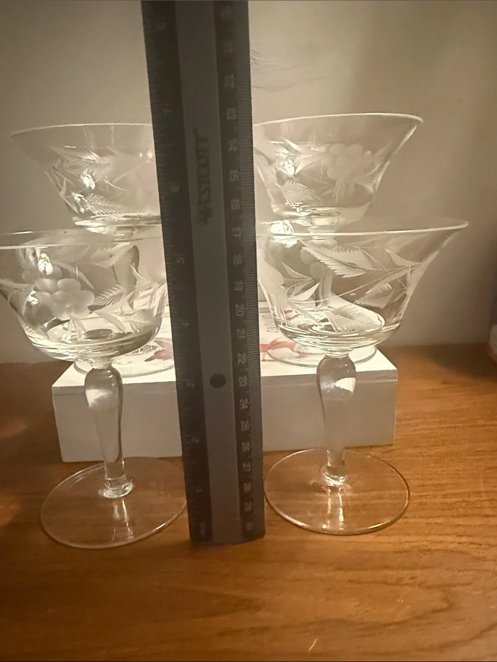 Vintage Glass Set of four Etched Goblets  Cornflower & Palm Leaf Design